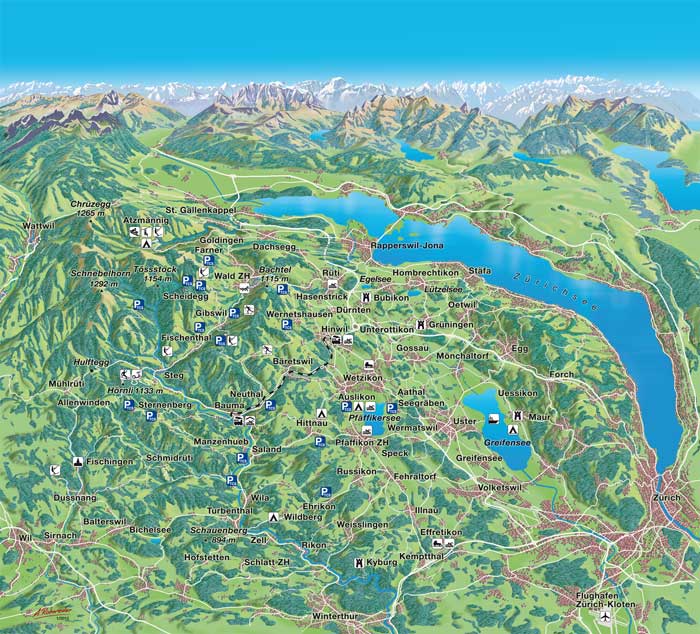 Illustrierte Übersichtskarte des Zürcher Oberlands mit Seen, Bergen und Ortschaften